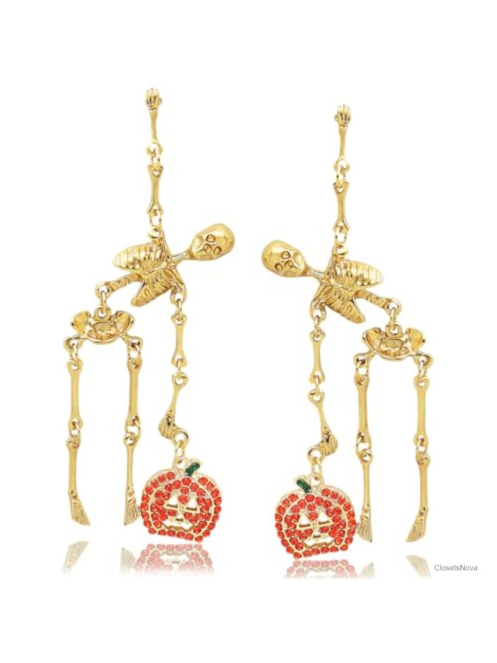 Jointed Skeleton Pumpkin Crystal Dangle Earrings Gothic Halloween Costume